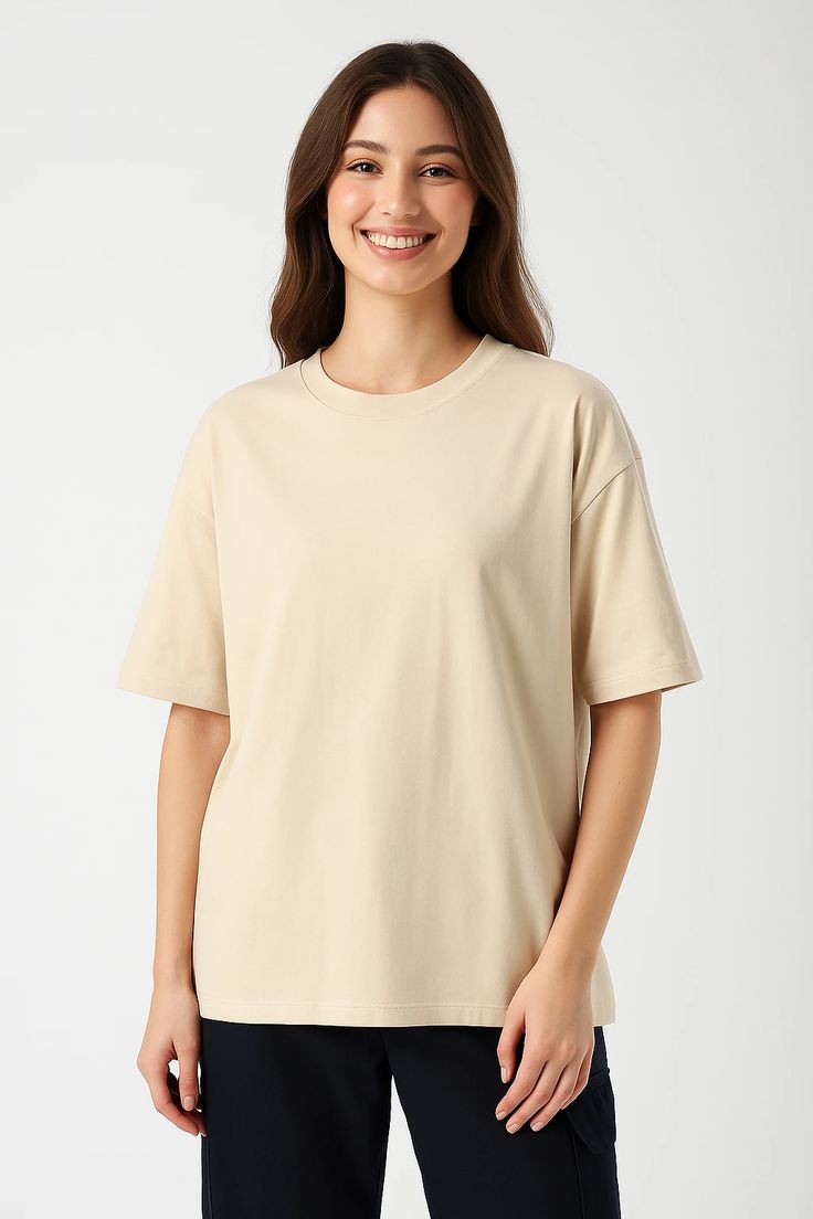 Drop Shoulder Beige Oversized T-Shirt | Soft Cotton Jersey Tee